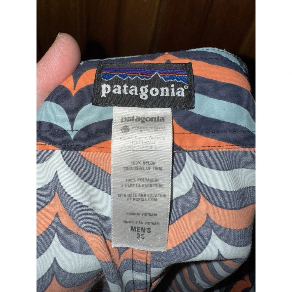 Patagonia Board‎ Shorts 35 Orange Blue Geometric Wave Print Swim Trunks Pockets